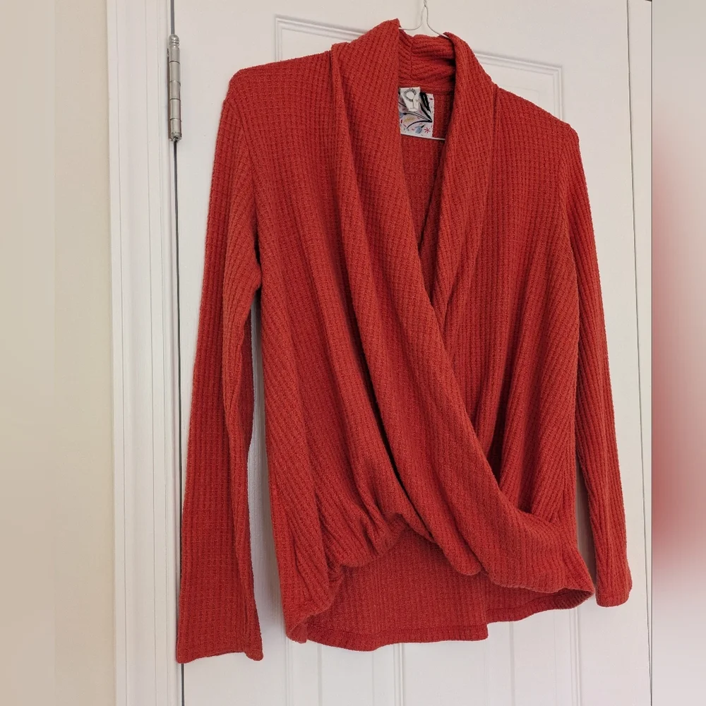 Anthropologie Orange Waffle Knit Crossbody Wrap Sweater Sz S - Picture 12 of 12